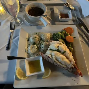 My lobster, ravioli and vegetable medley.  Above the plate was the olive oil and herb mixture.