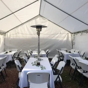 20x20 canopy with walls , lifetime tables/chairs and linens