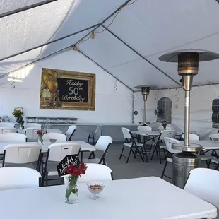 Canopy, heaters, lifetime tables and chairs