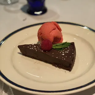 Chocolate cake with raspberry sorbet