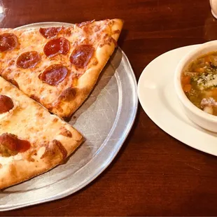 Freshly-made meatball &amp; ricotta slice, pepperoni slice and a side cup of Italian Wedding soup...