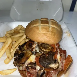 Pizza Burger with mushrooms and pepperoni