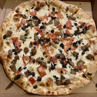 Medium Margherita Pizza with Sliced Meatballs added.