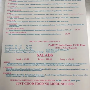 Sub and salad menu
