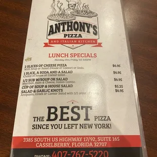 a menu for lunch specials