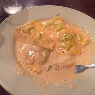 Chicken and spinach ravioli with extra pink sauce! They actually know what extra sauce means!!! Yay