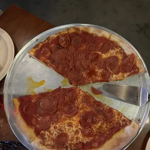 Large double pepperoni pizza (half no cheese)