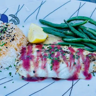 Fresh Alaska Halibut with Strawberry-Rhubarb Coulis, Jasmine Rice &amp; Green Beans - Delicious!