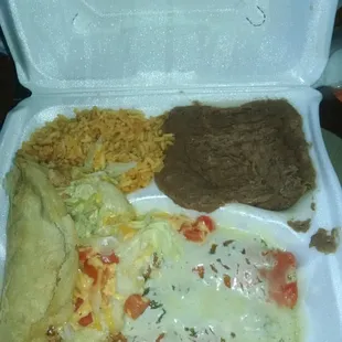 Yummy puffy taco with enchilada plate! Six bucks oh so good!