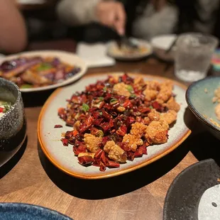 Sichuan chili fried chicken, Eggplants with roasted pepper
