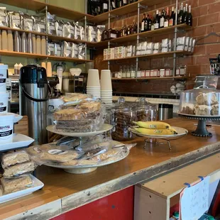 a counter with a variety of pastries