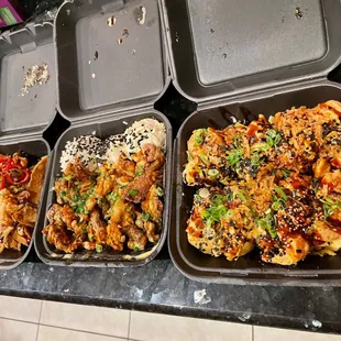 Poke nachos, crispy chicken, salmon bombs