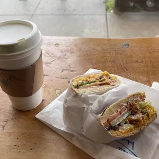 Fried egg sandwich , large matcha latte