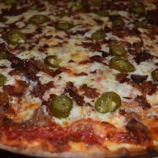 a closeup of a pizza