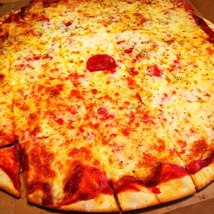 Thin crust pepperoni pizza. I&apos;m curious why there&apos;s one piece of pepperoni on top of the cheese? The kids needed a marker in the kitchen!