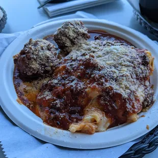 Lasagna and meatballs