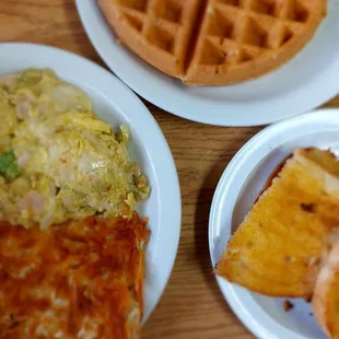 waffles, scrambled eggs, and toast