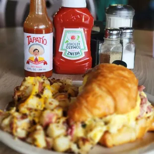 a plate of food and condiments