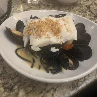 Black squid ink pasta with seafood