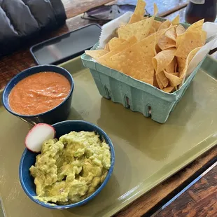 Chips with salsa and guacamole. Delicious!!