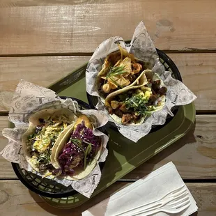 two tacos on a tray
