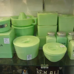 A nice collection of antique Jadite glass kitchenware.