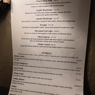 Dinner menu