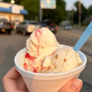 a hand holding a bowl of ice cream