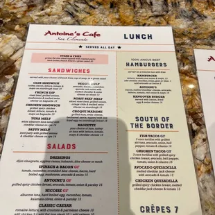 a menu for lunch