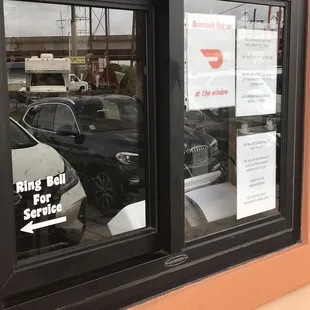 Pickup service window facing the parking lot.