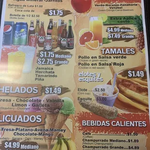 Drink and dessert menu