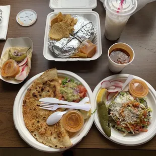 Quesabirria, taco, tostada, torta, horchata