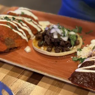 Chile relleno, enchilada, and carne asada taco combo
