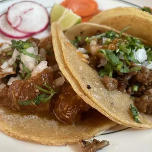 Steak &amp; Chicharron tacos