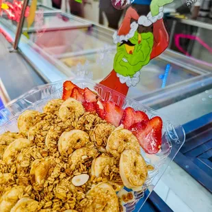 Mini Pancakes with strawberries, granola, and condensed milk