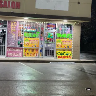 a storefront at night