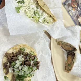 Quesadilla, carne asada tacos, Chicken Burrito