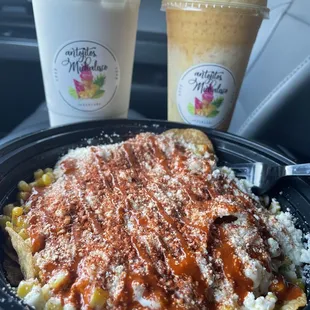 Horchata de coco, Raspado de Rompope, and Tostiesquites.