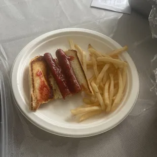 Hot dog with soggy bland fries. I have to add ketchup at home.