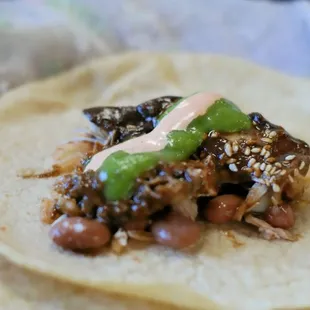 Chicken Mole Taco with the spicy orange sauce and delicious Avocado Salsa!