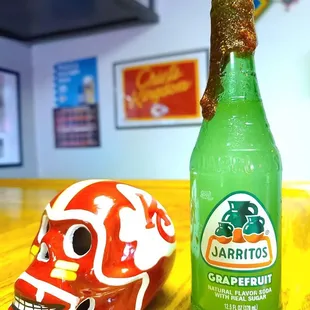 a bottle and a skull