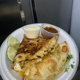 Quesadillas made with cheese, beef, or chicken