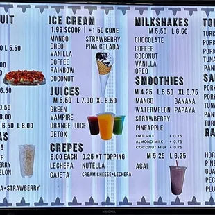 a menu for various beverages