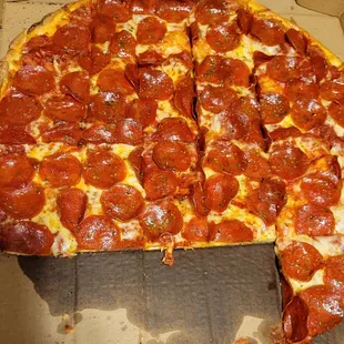 Lots of grease soaked into the pizza box under the crust