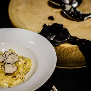 Homemade fettuccini Alfredo with Black Truffles from Alba Piemonte.