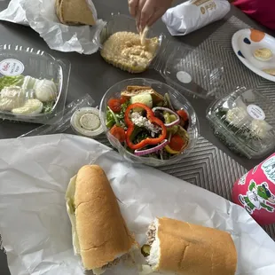 Hummus, Greek salad, tuna sub, deviled eggs