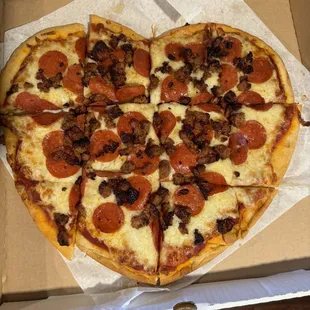 Pepperoni and sausage heart pizza