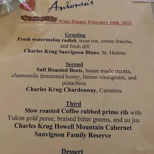 Valentine&apos;s Dinner menu