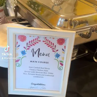 Wedding menu for wedding in Redlands, California