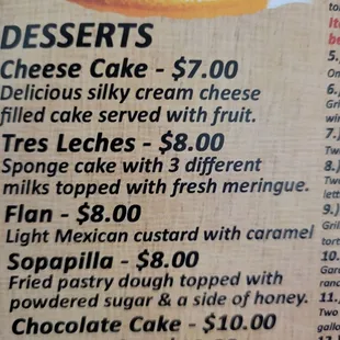 a menu for desserts